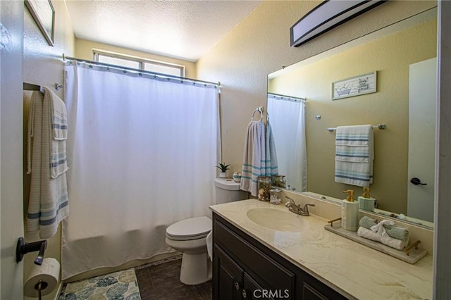 7469 Madera Ave, Hesperia, CA 92345 - bathroom featuring shower / tub combo with curtain, vanity, tile patterned flooring, and toilet