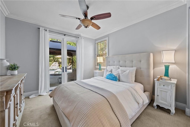 bedroom with baseboards, crown molding, access to exterior, light colored carpet, and french doors