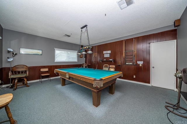 3567 Boussock Ln, Oceanside, CA 92057 - game room with visible vents, wood walls, a textured ceiling, pool table, and carpet