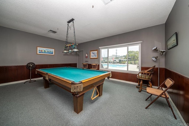3567 Boussock Ln, Oceanside, CA 92057 - recreation room with carpet flooring, a textured ceiling, a wainscoted wall, pool table, and visible vents