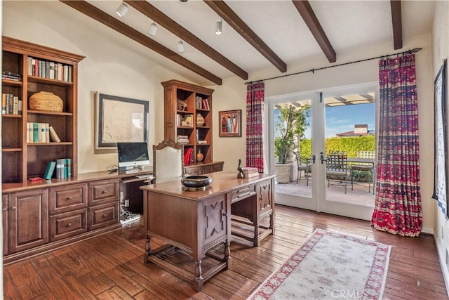 office space featuring wood-type flooring, vaulted ceiling with beams, and french doors