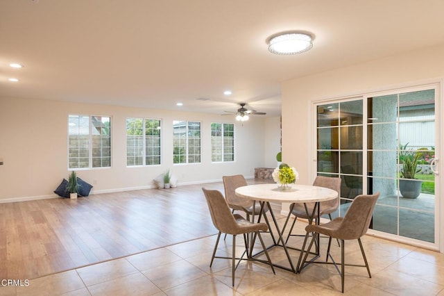 dining space featuring baseboards, ceiling fan, recessed lighting, and light tile patterned floors