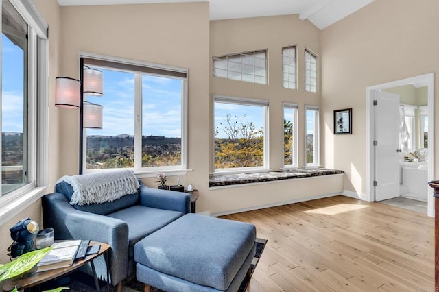 interior space with hardwood / wood-style floors, baseboards, and high vaulted ceiling
