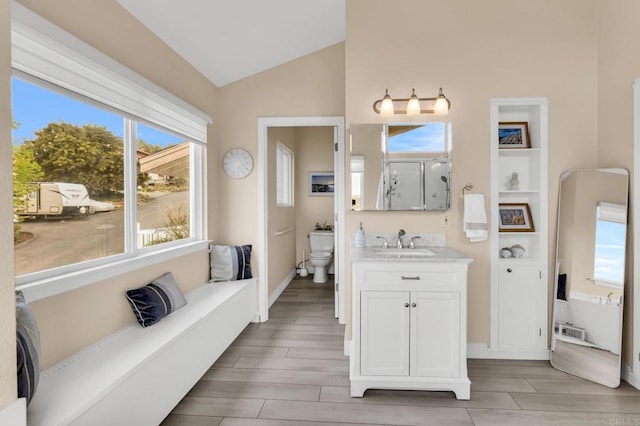 full bathroom with wood tiled floor, a shower with door, vaulted ceiling, toilet, and vanity