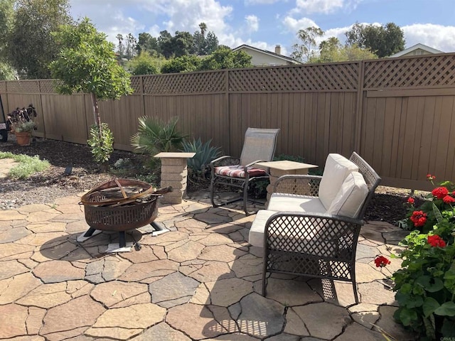 view of patio / terrace featuring a fenced backyard and a fire pit