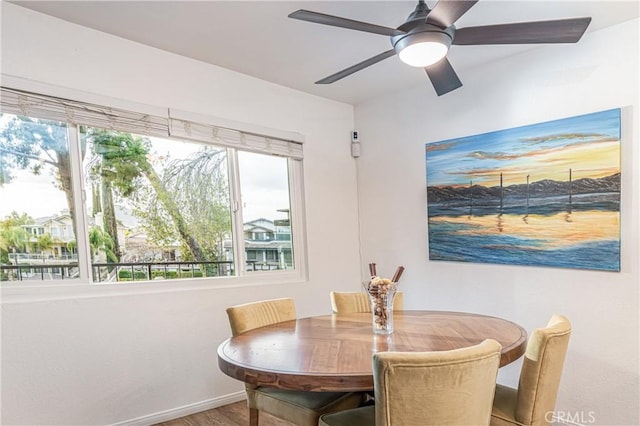 24311 Canyon Lake Dr N Unit 19, Canyon Lake, CA 92587 - dining room featuring wood finished floors, baseboards, and a ceiling fan