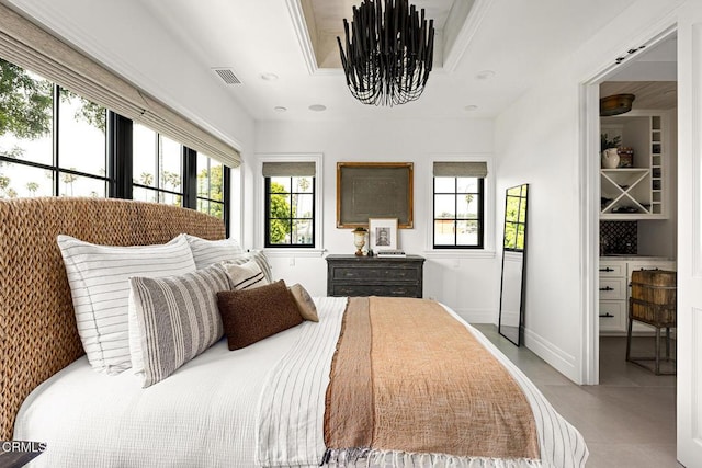 bedroom featuring baseboards, visible vents, a chandelier, and recessed lighting
