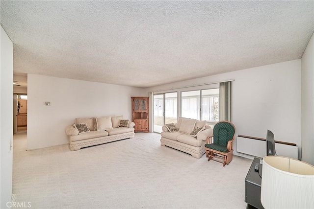 living room with a textured ceiling and carpet