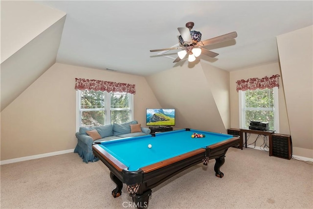 27601 Cedarwood Dr, Lake Arrowhead, CA 92352 - recreation room with lofted ceiling, a wealth of natural light, ceiling fan, and carpet floors