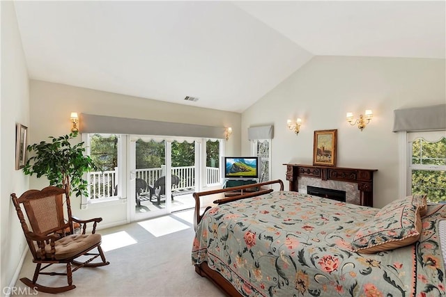27601 Cedarwood Dr, Lake Arrowhead, CA 92352 - bedroom featuring vaulted ceiling, visible vents, access to outside, and carpet floors