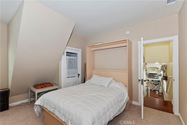 27601 Cedarwood Dr, Lake Arrowhead, CA 92352 - bedroom featuring baseboards, visible vents, and light colored carpet