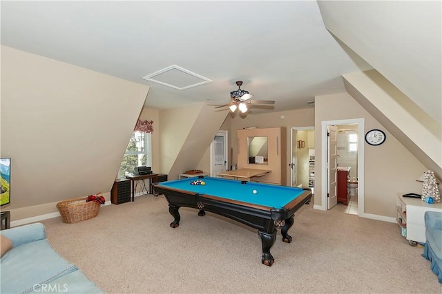 27601 Cedarwood Dr, Lake Arrowhead, CA 92352 - recreation room featuring billiards, ceiling fan, light carpet, and baseboards