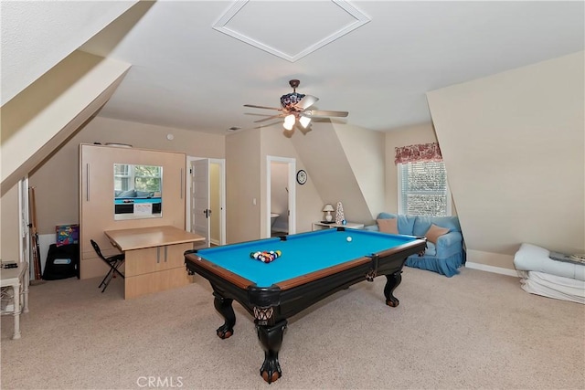 27601 Cedarwood Dr, Lake Arrowhead, CA 92352 - recreation room featuring billiards, light carpet, and ceiling fan