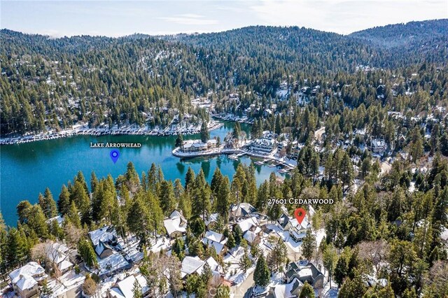 27601 Cedarwood Dr, Lake Arrowhead, CA 92352 - aerial view featuring a water and mountain view and a wooded view