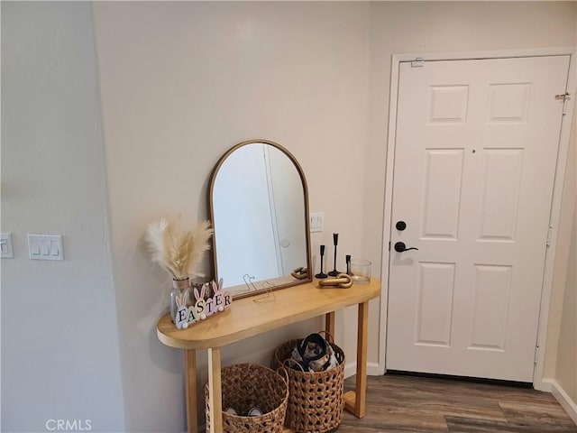 foyer with baseboards and dark wood-type flooring