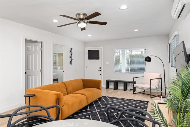 1727 W 59th Pl, Los Angeles, CA 90047 - living room featuring a wall mounted air conditioner, recessed lighting, light wood-style floors, and ceiling fan