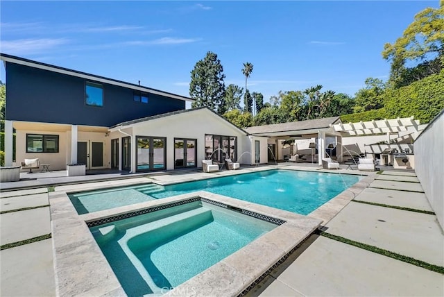 14084 Bronte Dr, Whittier, CA 90602 - outdoor pool with an outdoor living space, a patio area, and an in ground hot tub