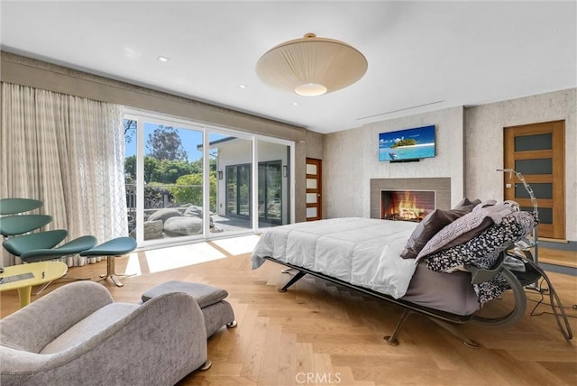 14084 Bronte Dr, Whittier, CA 90602 - bedroom with a lit fireplace, wallpapered walls, and access to outside