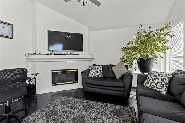 19189 San Jacinto Way, Apple Valley, CA 92308 - living area with a fireplace, vaulted ceiling, and ceiling fan