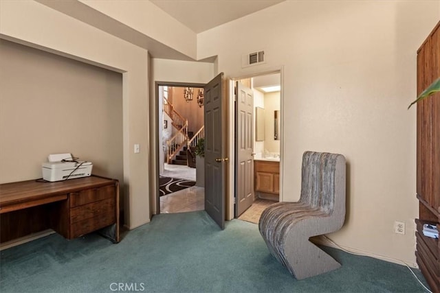 19189 San Jacinto Way, Apple Valley, CA 92308 - living area with light carpet, visible vents, and stairway