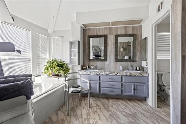 19189 San Jacinto Way, Apple Valley, CA 92308 - full bath with double vanity, toilet, a bath, visible vents, and a sink