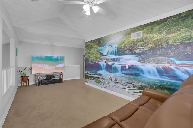 interior space with visible vents, baseboards, a ceiling fan, and lofted ceiling