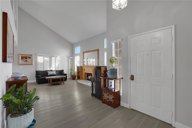 entryway featuring wood finished floors, high vaulted ceiling, and baseboards
