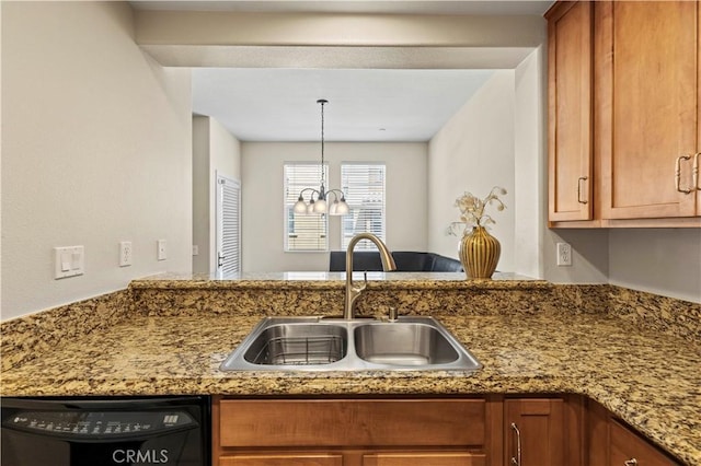 28476 Herrera St, Valencia, CA 91354 - kitchen with a sink, black dishwasher, light stone counters, a chandelier, and a peninsula