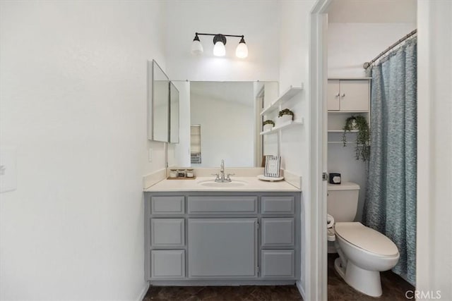 12963 Birch Glen Ct, Victorville, CA 92392 - bathroom featuring toilet, vanity, and a shower with curtain