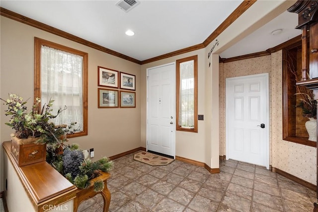 37794 Amber Ln, Murrieta, CA 92562 - entrance foyer with crown molding, wallpapered walls, baseboards, and visible vents