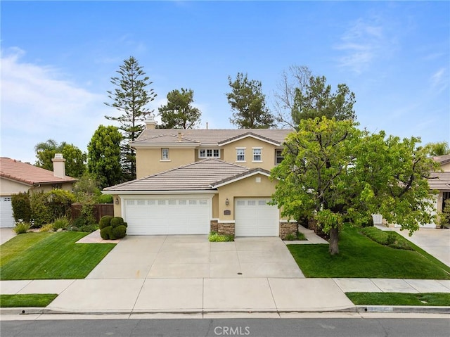 37794 Amber Ln, Murrieta, CA 92562 - traditional-style home with a front yard, a tile roof, stone siding, and stucco siding