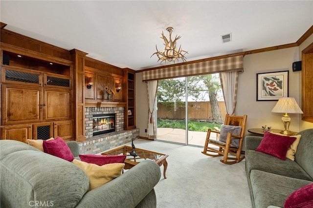 37794 Amber Ln, Murrieta, CA 92562 - living area featuring visible vents, light colored carpet, ornamental molding, and a brick fireplace