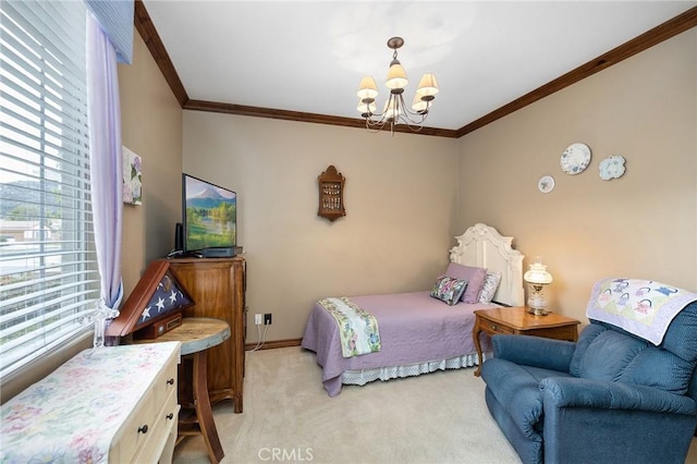 37794 Amber Ln, Murrieta, CA 92562 - bedroom with a chandelier, light carpet, ornamental molding, and multiple windows