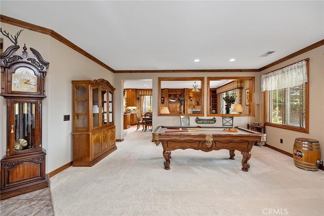 37794 Amber Ln, Murrieta, CA 92562 - recreation room featuring baseboards, billiards, light carpet, crown molding, and visible vents