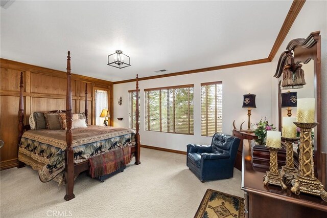 37794 Amber Ln, Murrieta, CA 92562 - bedroom with light carpet, visible vents, baseboards, and ornamental molding