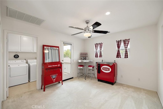 37794 Amber Ln, Murrieta, CA 92562 - rec room with visible vents, washing machine and clothes dryer, ceiling fan, and light colored carpet