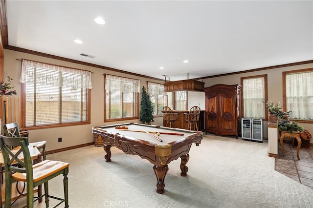 37794 Amber Ln, Murrieta, CA 92562 - playroom with crown molding, light colored carpet, pool table, and visible vents