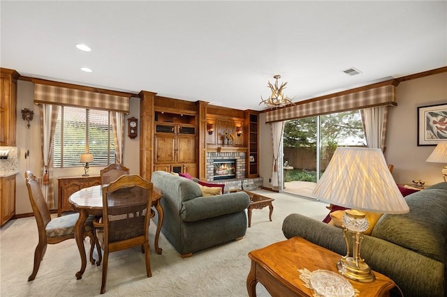37794 Amber Ln, Murrieta, CA 92562 - living room featuring light carpet, a brick fireplace, ornamental molding, and visible vents