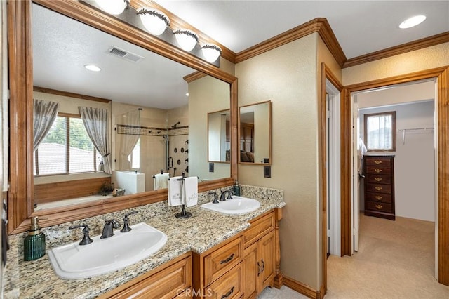 37794 Amber Ln, Murrieta, CA 92562 - bathroom featuring a sink, visible vents, and ornamental molding