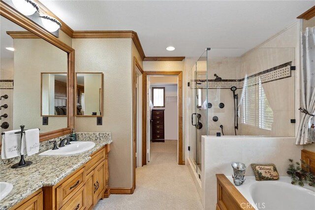 37794 Amber Ln, Murrieta, CA 92562 - full bathroom with a shower stall, a bath, vanity, and crown molding