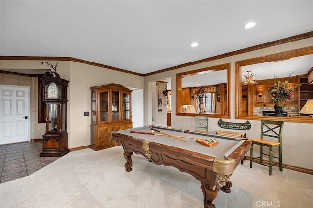 37794 Amber Ln, Murrieta, CA 92562 - game room with ornamental molding, carpet flooring, baseboards, and billiards