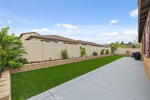 view of yard featuring a patio area and a fenced backyard
