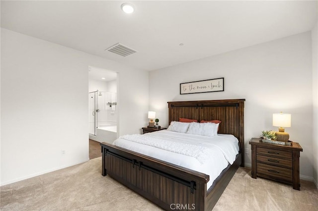 bedroom with light carpet, recessed lighting, visible vents, and baseboards