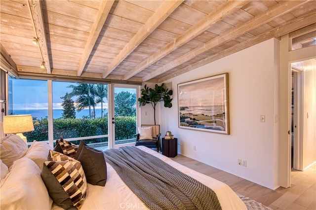 bedroom featuring access to outside, wood finished floors, wooden ceiling, and beamed ceiling