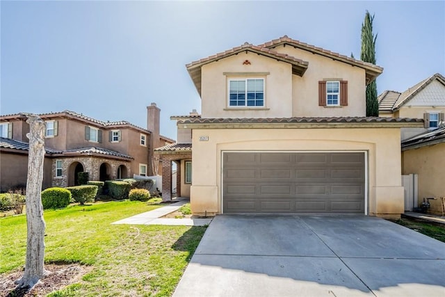35317 Trevino Trl, Beaumont, CA 92223 - mediterranean / spanish-style house featuring concrete driveway, stucco siding, a front lawn, a tiled roof, and a garage