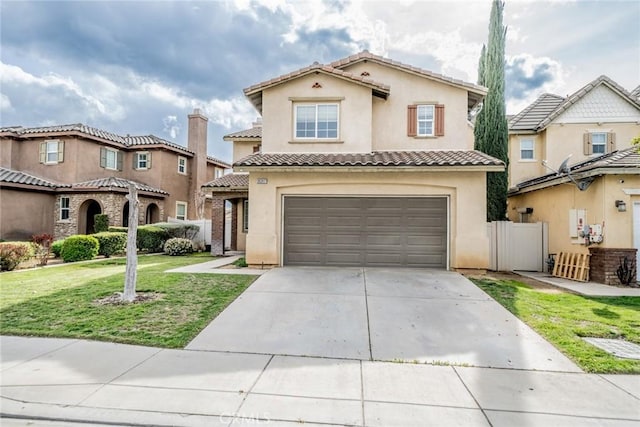 35317 Trevino Trl, Beaumont, CA 92223 - mediterranean / spanish house with stucco siding, a tiled roof, driveway, a front lawn, and a garage