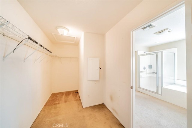 35317 Trevino Trl, Beaumont, CA 92223 - walk in closet featuring light carpet, electric panel, and visible vents