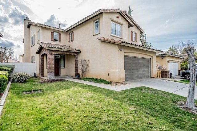 35317 Trevino Trl, Beaumont, CA 92223 - mediterranean / spanish house featuring stucco siding, an attached garage, and a front yard