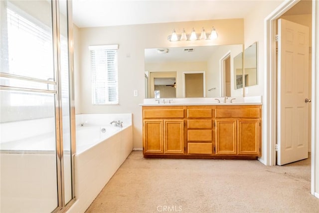 35317 Trevino Trl, Beaumont, CA 92223 - bathroom featuring carpet, a sink, an enclosed shower, a garden tub, and double vanity