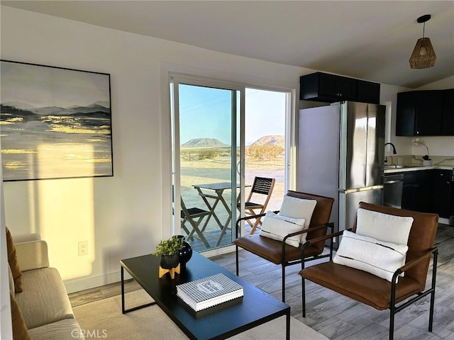 living area featuring light wood-type flooring, baseboards, and a mountain view